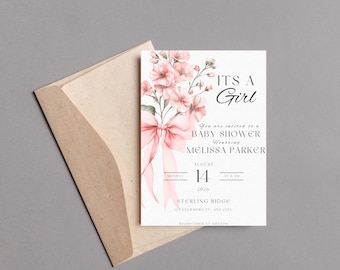 Invitación para baby shower con un bebé en flor rosa / Invitación digital para baby shower con lazo / Invitación editable para baby shower / Baby shower con lazo "Es una niña"