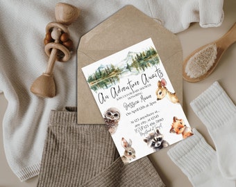 Woodland Animal Baby Shower Invite | Greenery Woodland Animals Baby Shower Invitations | An Adventure Awaits | Boho Woodland Baby Shower
