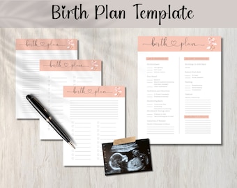 May include: Printable birth plan template with pink floral accents. The template includes sections for labor preferences, delivery preferences, and emergency contacts.