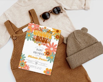 Hippe babyshoweruitnodiging | Direct downloaden | Retro bloemuitnodiging | Babyshowerthema hippie | Bewerkbare sjabloon | Retro babyshower