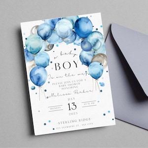 Blue Balloon Baby Shower Invite | It&#39;s A Boy Baby Shower | Boy Baby Shower | Editable Baby Shower Invitation | Blue Balloon Arch Invite