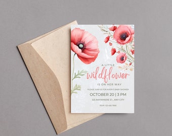 May include: A baby shower invitation featuring watercolor illustrations of red poppies and greenery. The invitation reads "A Little Wildflower is on Her Way" with event details. Includes a kraft paper envelope.