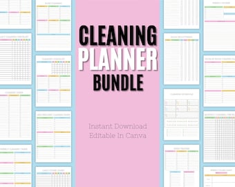Könnte beinhalten: Ein druckbares Reinigungs-Planer-Paket mit bunten Checklisten und Diagrammen. Das Paket enthält tägliche, wöchentliche und monatliche Reinigungs-Checklisten, eine Checkliste zur Entrümpelung von Räumen, einen Raum-für-Raum-Reinigungsplan, einen Reinigungsplan, einen Geschwindigkeits-Tracker und einen täglichen Aufgabenplan. Der Text "Cleaning Planner Bundle" ist in großen, fetten, schwarzen Buchstaben. Der Text "Instant Download Editable In Canva" ist in schwarzen Buchstaben.