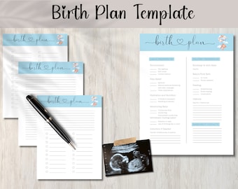 May include: A printable birth plan template with a blue and white color scheme. The template includes sections for labor preferences, delivery preferences, and emergency contacts. The text "birth plan" is written in cursive with a heart symbol.