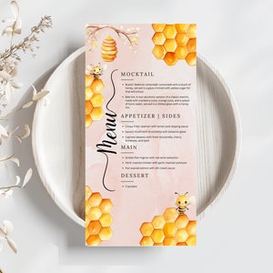 Honig Biene Baby Shower Menü | Biene Floral | Ein kleiner Honig ist auf dem Weg Dusch-Thema | Baby-Dusche-Menü-Vorlage | Hummel | Veränderbar