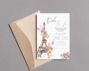 Invitación para baby shower de París, "Bonjour Bebe", "Oh La La Baby Shower", diseño editable de la Torre Eiffel, invitación con temática francesa, plantilla imprimible