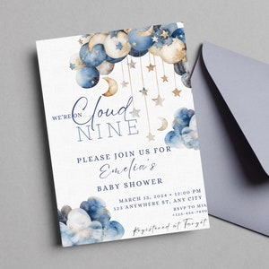 Watercolor Blue Cloud Balloon Baby Shower | Text Invite | Boy Baby Shower Evite | Editable Baby Shower Evite | Cloud Nine Invite | Cloud 9