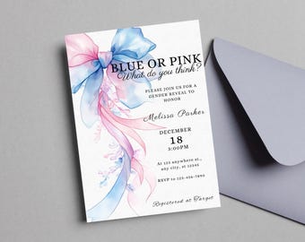 Baby Bow Gender Reveal Invitation Template | Text Invite | He or She Invite | Editable Gender Reveal Evite | Baby Gender Reveal Invite