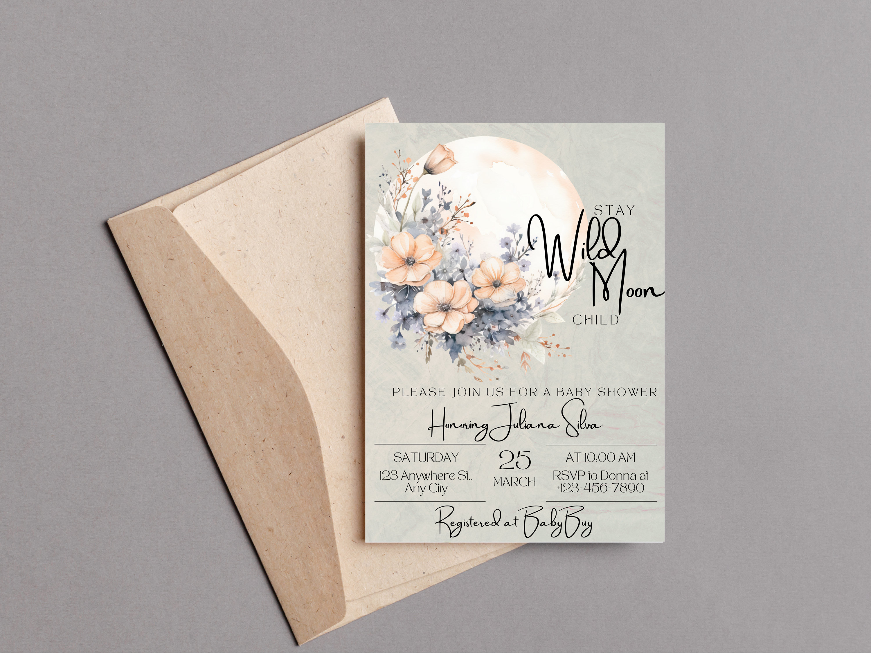 Boho Moon Baby Shower Invitation Stay Wild Moon Child Moon And Stars Baby Shower Invitations Moon Floral Baby Shower