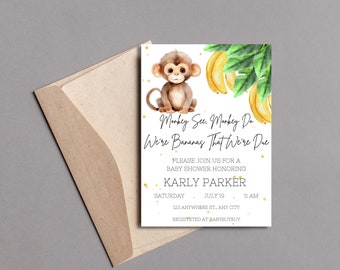 May include: Baby shower invitation with a watercolor illustration of a monkey, bananas, and green leaves. The invitation includes the text "Monkey See, Monkey Do We're Bananas That We're Due" and event details for Karly Parker.