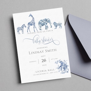 Faire-part toile de Jouy pour baby shower | Baby Shower Safari Toile | Invitation de clipart toile Safari bleu | Téléchargement numérique | Modèle modifiable