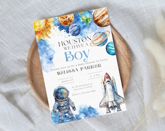 Houston We Have A Boy Space Baby Shower Boy | Welcome To The World | Astronaut Baby Theme | Space Theme Baby Shower Invite | Over The Moon