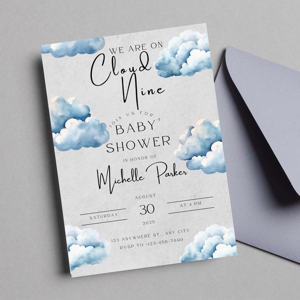 Blue Cloud Baby Shower | Text Invite | Boy Baby Shower Evite | Editable Baby Shower Evite | Cloud Nine Invite | Blue Baby Shower