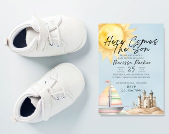 Here Comes The Son | Sun Baby Shower Invite Editable Template | Beach Baby Shower Invitation | Here Comes The Sun | Printable Template
