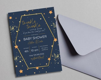 Faire-part de baby shower scintillant scintillant petite étoile, faire-part de baby shower mignon, baby shower lune et étoile, baby shower animé, babyshower