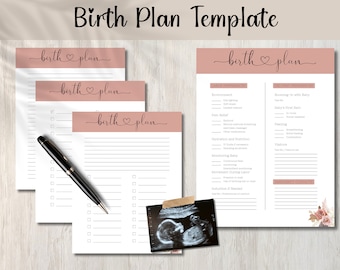 May include: A set of birth plan templates with a soft pink header and the words "birth plan" in cursive. The templates include checklists and sections for labor and delivery preferences, with an ultrasound image and a black pen.