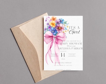 Invitación para baby shower con un bebé en flor rosa / Invitación digital para baby shower con lazo / Invitación editable para baby shower / Baby shower con lazo "Es una niña"
