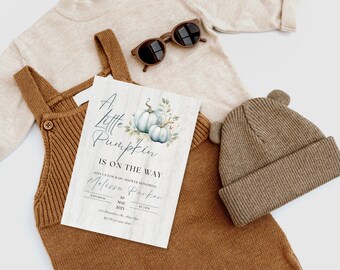 Een beetje blauwe pompoen is onderweg Uitnodiging babyshower | Herfstbabyshower | Bewerkbare uitnodigingssjabloon | Uitnodiging babyshower babyjongen