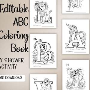 Puede incluir: Páginas de colorear imprimibles en blanco y negro con el alfabeto y animales. Cada página tiene una letra y un animal, como un león para la L, un oso para la B y un tigre para la T. Las páginas están listas para imprimir y colorear.