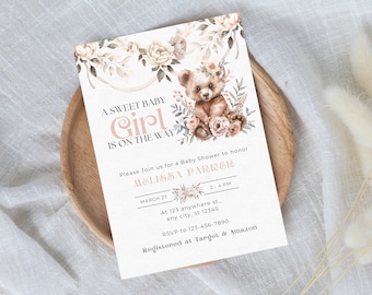 May include: A baby shower invitation with a watercolor illustration of a brown teddy bear wearing a floral crown. The invitation is for Melissa Parker and includes the date, time, and location of the shower. It also includes the text "A Sweet Baby Girl Is On The Way".