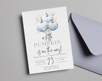 Een beetje blauwe pompoen is onderweg Uitnodiging babyshower | Herfstbabyshower | Bewerkbare uitnodigingssjabloon | Uitnodiging babyshower babyjongen