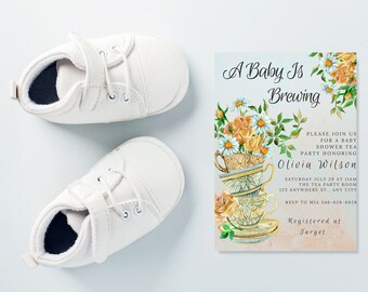 A Baby Is Brewing Baby Shower Invite, Tea Party Baby Shower, Girl Baby Shower, Vintage Shower, Baby Shower Invitation, Floral Baby Shower