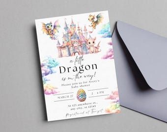 Uitnodiging babyshower draak | Een kleine draak is onderweg | Digitale sjabloon | Uitnodiging babyshower | Pastelkleurige babydraakuitnodiging