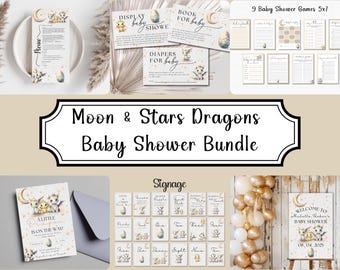 Uitnodiging babyshower draak | Een kleine draak is onderweg | Digitale sjabloon | Uitnodiging babyshower | Maan en sterren | Babyshower voor jongens