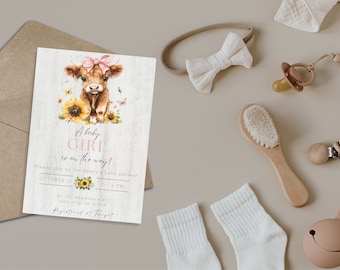 Highland Cow Sunflower Shower Invitation, Boho Baby Shower, Baby Shower Invite Neutral, Girl Baby Shower Invitation, Sunflower Baby Shower