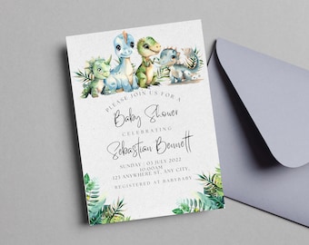 Baby Shower de Dinosaurios / Invitación para Baby Shower / Invitación Editable / Invitación de Dinosaurio Boho / Baby Shower de Dinosaurio para Niño / Invitación de Dinosaurio con Verduras