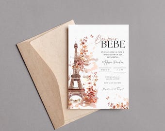 Invitación para baby shower de París, "Bonjour Bebe", "Oh La La Baby Shower", diseño de la Torre Eiffel de otoño, invitación con temática francesa, plantilla imprimible