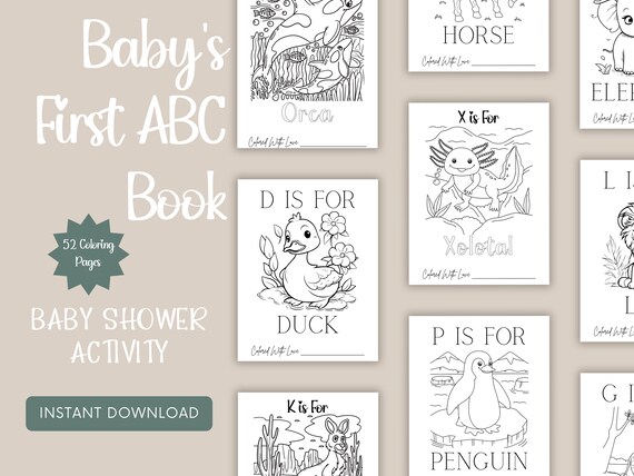 52 PAGES ABC Baby Shower Coloring Book, Baby's First ABC Book, Baby Shower Game Or Activity, Baby Shower Coloring Pages, Alphabet Coloring