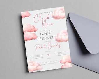 Babyparty Wolke Text einladen | Mädchen-Babyparty Evite | Bearbeitbare Babypartyeinladung | Cloud Nine Einladen | Rosa Babyparty