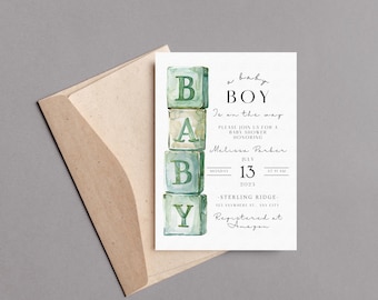 Sage Green Baby Blocks Baby Shower | Text Invite | Boy Baby Shower | Editable Baby Shower Invite | Teddy Bear Invite | Green Baby Shower