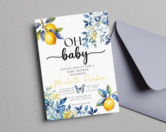 Editable Lemon Baby Shower Invitation | Gender Neutral Lemon Baby Shower Invite | Citrus Baby Shower Invitation | Mediterranean Baby Shower