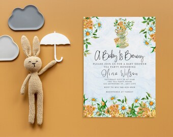 A Baby Is Brewing Tea Party Baby Shower, Baby Shower Invitation Template, Girl Baby Shower, Floral Baby Shower Invite, Editable invitation
