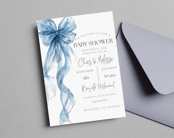 Blue Bow Baby Shower Invitation | Minimalist Baby Shower blue | Boy Baby Shower | Coquette Bow Invite | Blue Ribbon Baby Shower | Minimal