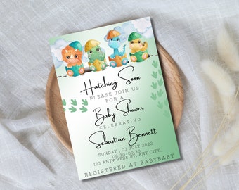 Dinosaurier-Babyparty, Babyparty einladen, Junge Dino-Babyparty, Junge Dinosaurier-Dusche, bearbeitbare Einladung, Greenery Dinosaurier, Babyshower