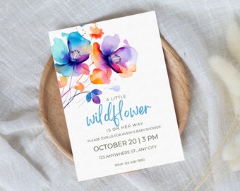 Wildflower Baby Shower Invitation Template | Colorful Floral Invite | Girl Baby Shower | A Little Wildflower Baby Invitation | Baby In Bloom