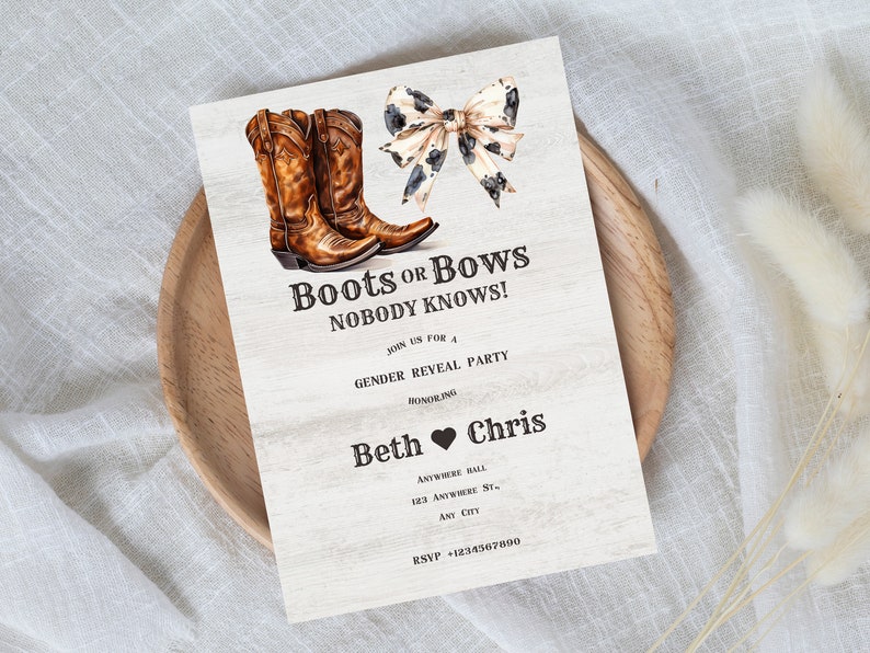 Boots Or Bows Gender Reveal Invite | Cowgirl Or Cowboy Gender Reveal Invitation | Boy Or Girl Wild West Gender Invite | Western Party Theme image 1