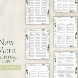 Puede incluir: Un conjunto de listas de verificación y horarios imprimibles para nuevas mamás. El paquete incluye un horario de alimentación para bebés, una lista de verificación de la bolsa del hospital, una lista de tareas y tareas de limpieza profunda. El título "New Mom Essentials Bundle".