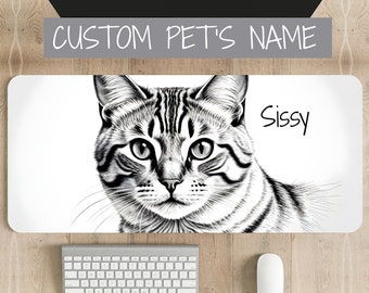 Personalized Pet's Name Pencil Drawing of a Cat RGB Large Mouse Pad, Best Gift for Her, Gaming Desk Mat, Desk Decoration, Keyboard Mat