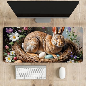 Painting of a rabbit with basket and Easter eggs Gaming Mousepad, Mouse Pad, Large Desk Mat, Keyboard Office Accessories, Best Gift for Kids image 1