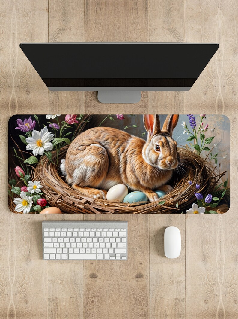 Painting of a rabbit with basket and Easter eggs Gaming Mousepad, Mouse Pad, Large Desk Mat, Keyboard Office Accessories, Best Gift for Kids image 1