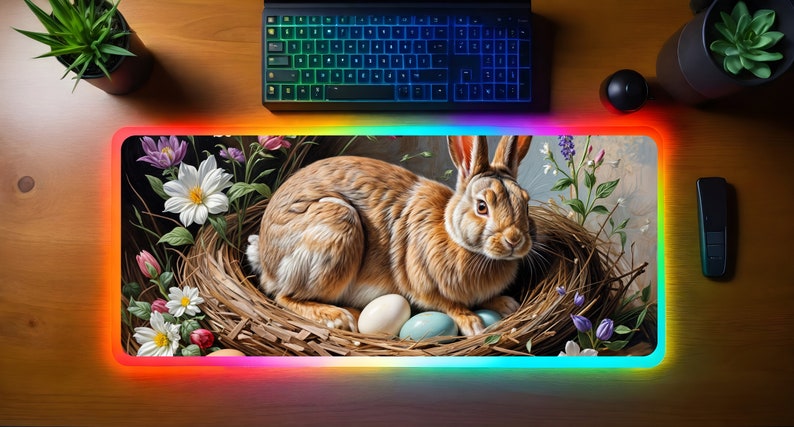 Painting of a rabbit with basket and Easter eggs Gaming Mousepad, Mouse Pad, Large Desk Mat, Keyboard Office Accessories, Best Gift for Kids image 3