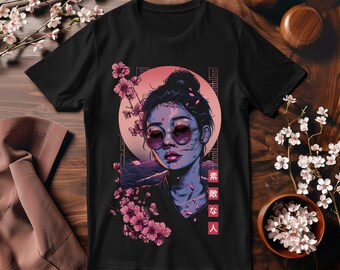 Vaporwave Cherry Blossom City Girl Tshirt, camicia estetica giapponese, vestiti Synthwave, abbigliamento anime, streetwear giapponese, maglietta tagliente