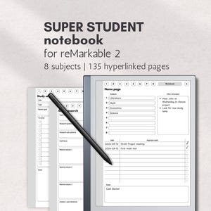 Può includere: Un tablet digitale che mostra un taccuino Super Student per reMarkable 2 con 8 materie e 135 pagine con collegamenti ipertestuali. Lo schermo mostra una home page con un elenco di materie, un programma e note. Uno stilo nero poggia in diagonale.
