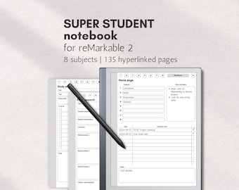Puede incluir: Una tableta digital que muestra un cuaderno Super Student para reMarkable 2 con 8 materias y 135 páginas con hipervínculos. La pantalla muestra una página de inicio con una lista de materias, un horario y notas. Un lápiz negro descansa en diagonal.