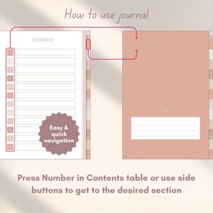 Puede incluir: Un diario marr&oacute;n claro con una tabla de contenidos y pesta&ntilde;as numeradas en el lateral. El texto "How to use journal" est&aacute; en la parte superior de la imagen. El texto "Easy & quick navigation" est&aacute; en un c&iacute;rculo en el lado izquierdo de la imagen. El texto "Press Number in Contents table or use side buttons to get to the desired section" est&aacute; en la parte inferior de la imagen.
