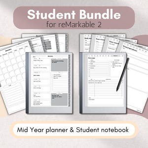 May include: A student bundle for the reMarkable 2 tablet. The bundle includes a mid-year planner and a student notebook. The planner has a monthly calendar, a to-do list, and a section for planning exams. The notebook has a blank page for notes and a section for group project planning.